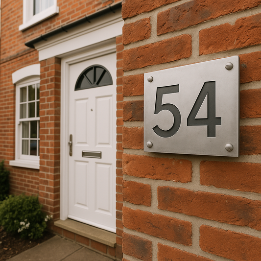 House number 54 on brick wall