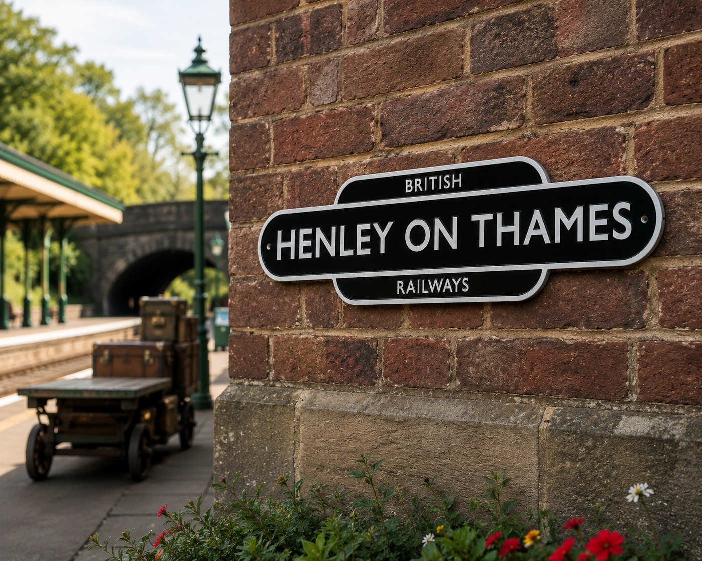 A black and white British Henley on Thames Railways sign mounted on a red-brown brick wall, with a vintage train cart and station platform visible in the background.