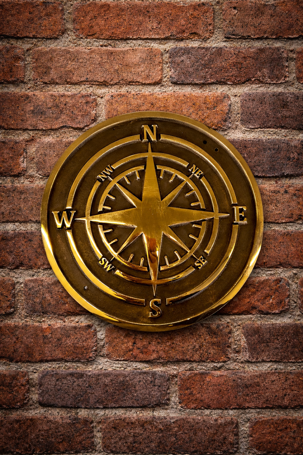 Cast bronze compass wall plaque with raised compass rose detail mounted on exterior wall