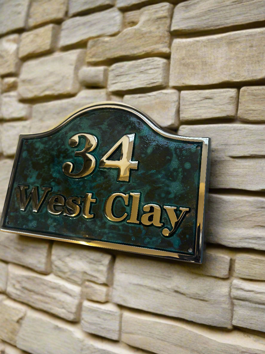 Verdigris Bronze House Sign with Oval Top - Polished