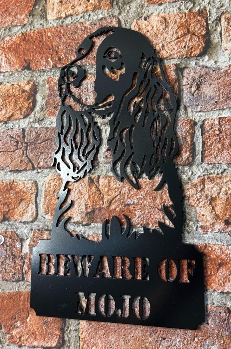 beware of the dog sign in steel black