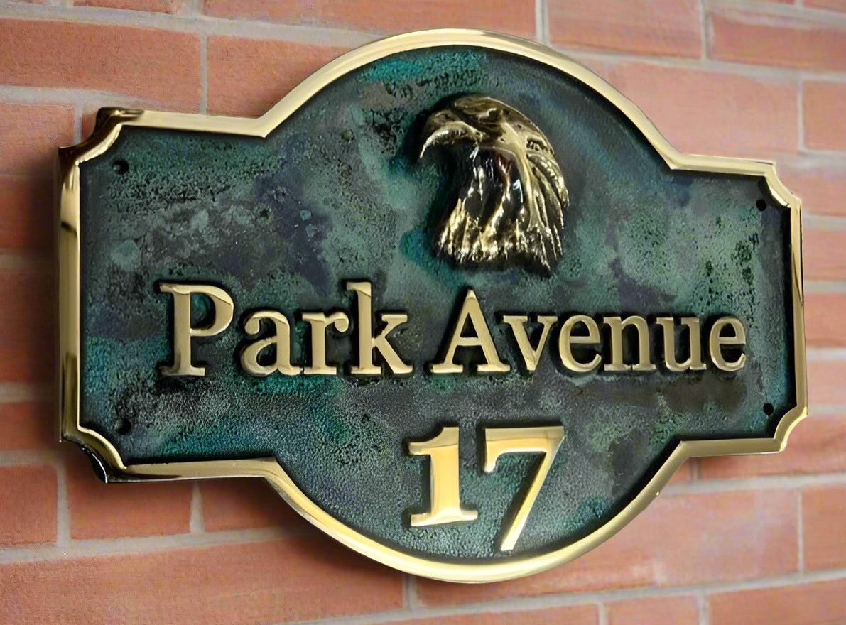 house address sign in red patina