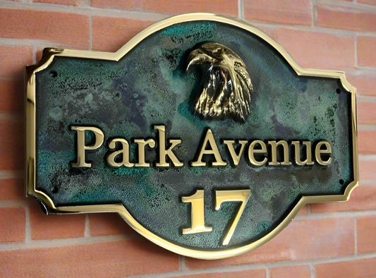 house address sign in red patina