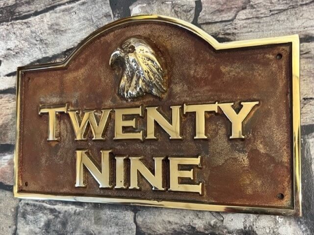 house Address sign curved top in red