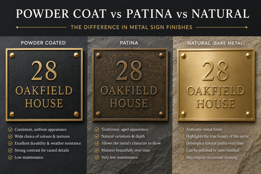 Powder Coated, Patina or Natural Metal? Choosing the Right Finish for Your Metal Sign