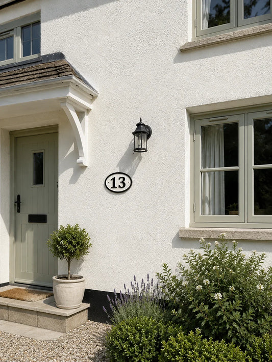 White rendered house exterior with grey windows and front door.