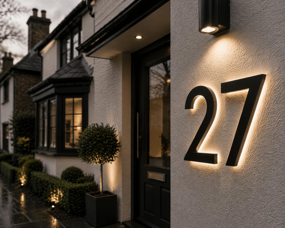 Illuminated house number sign on modern home exterior at night