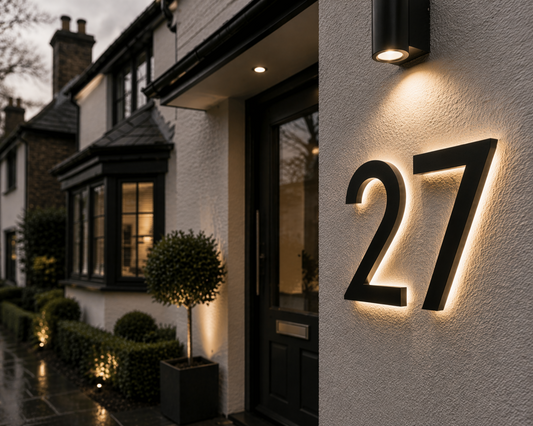 Illuminated house number sign on modern home exterior at night