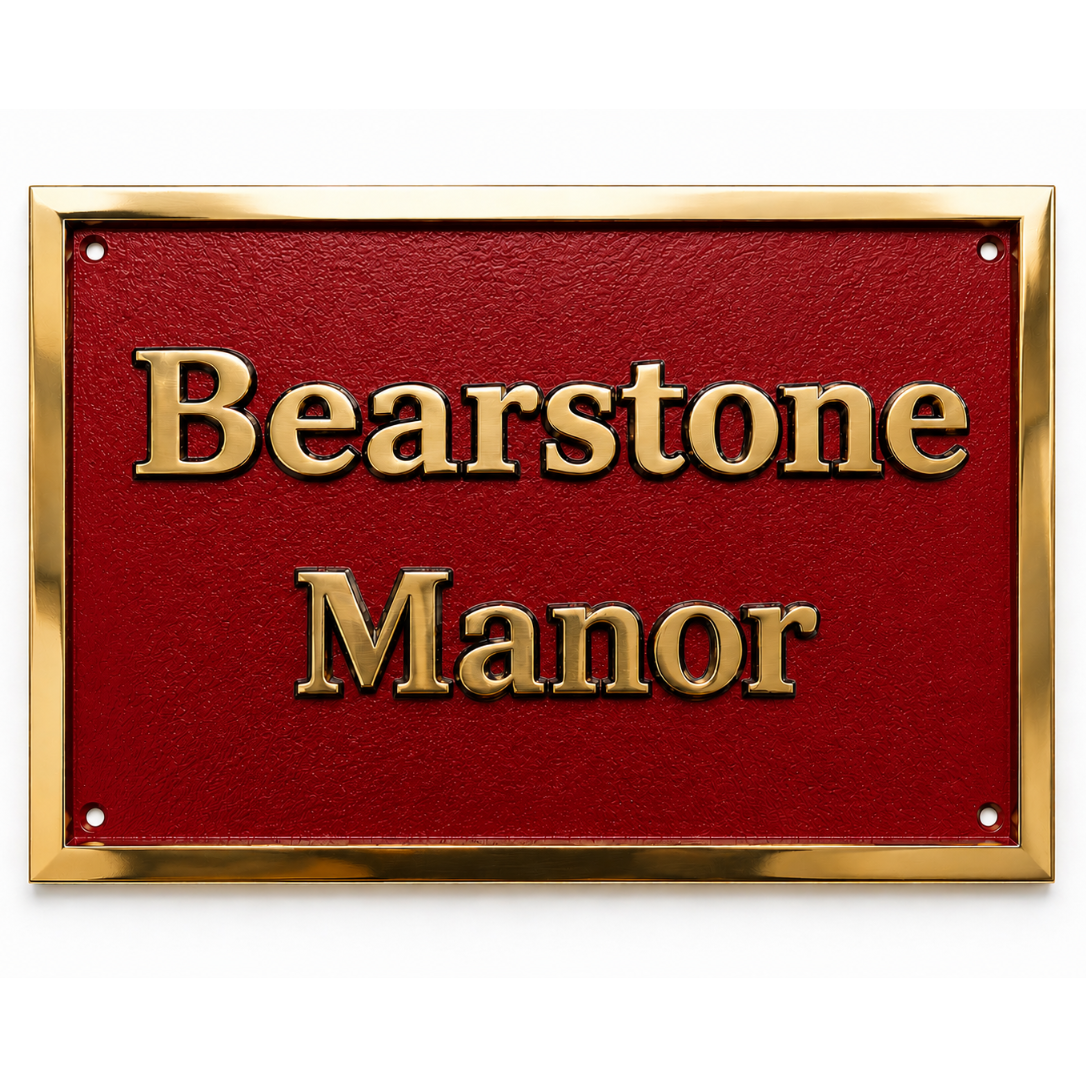 A rectangular red plaque with raised gold lettering reading 'Bearstone Manor' and a polished gold border, shown on a white background.