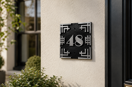 A modern black and silver house number plaque mounted on a textured beige stucco wall next to a dark door frame.