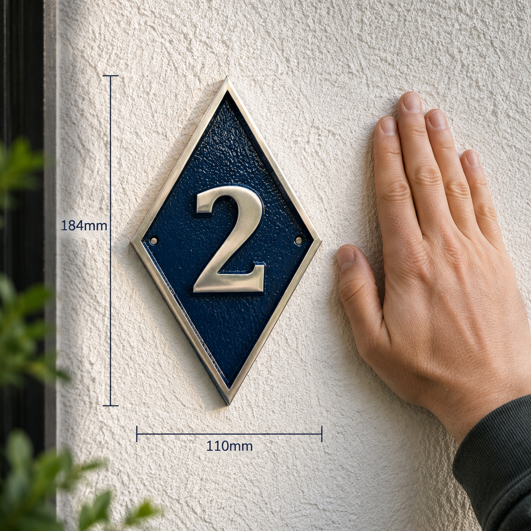 A diamond-shaped house number plaque with a textured dark blue face and silver number '2', mounted on a white stucco wall. A person's hand is touching the plaque, and dimension lines show 184mm height and 110mm width.