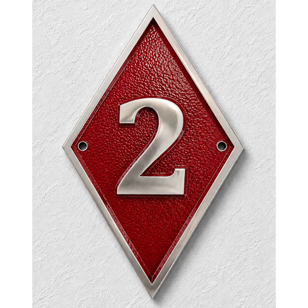 A diamond-shaped house number 2 wall plaque with a textured red background and a polished silver metal frame and numeral, mounted on a light gray textured wall.
