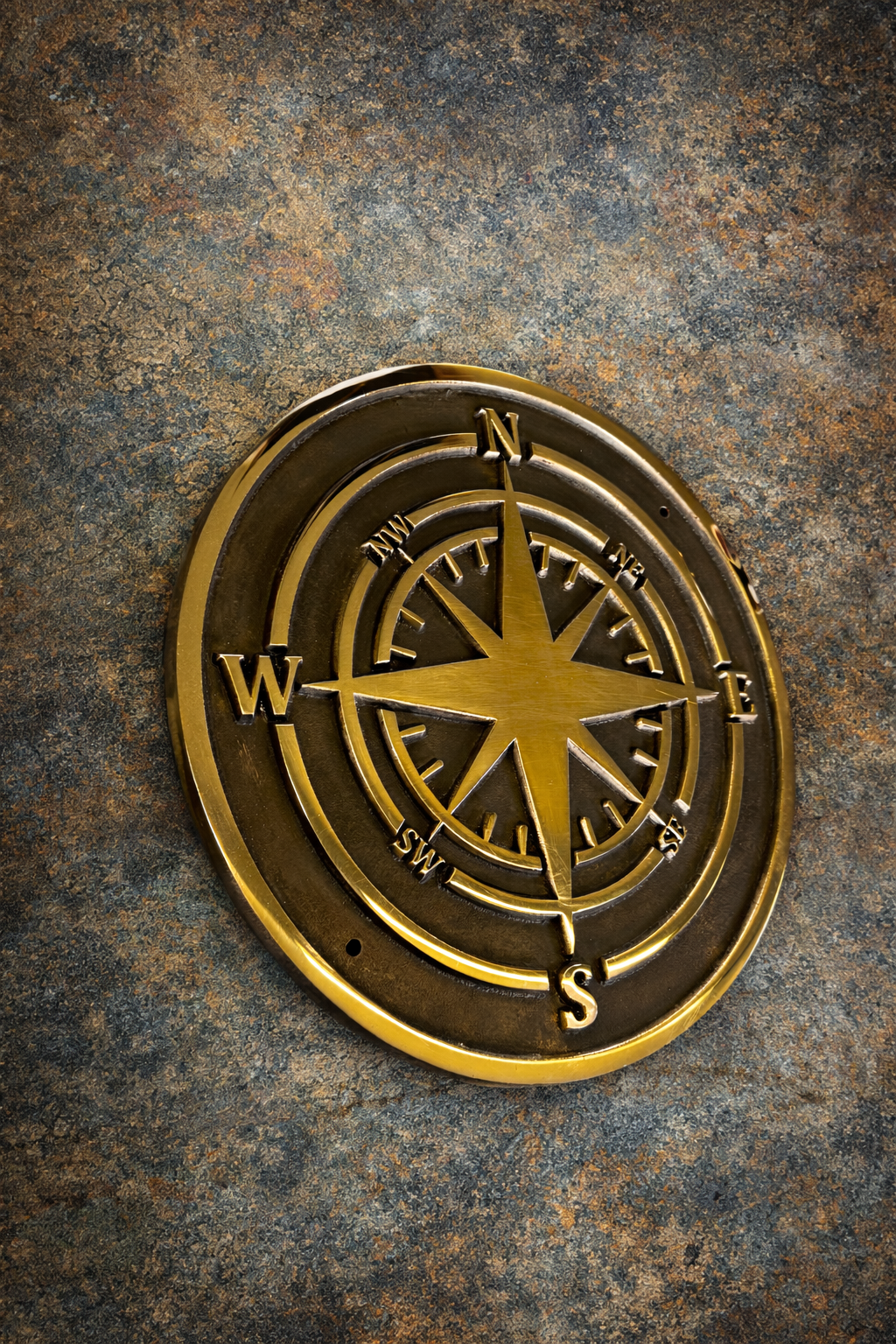 Cast bronze compass wall plaque with raised compass rose detail mounted on exterior wall