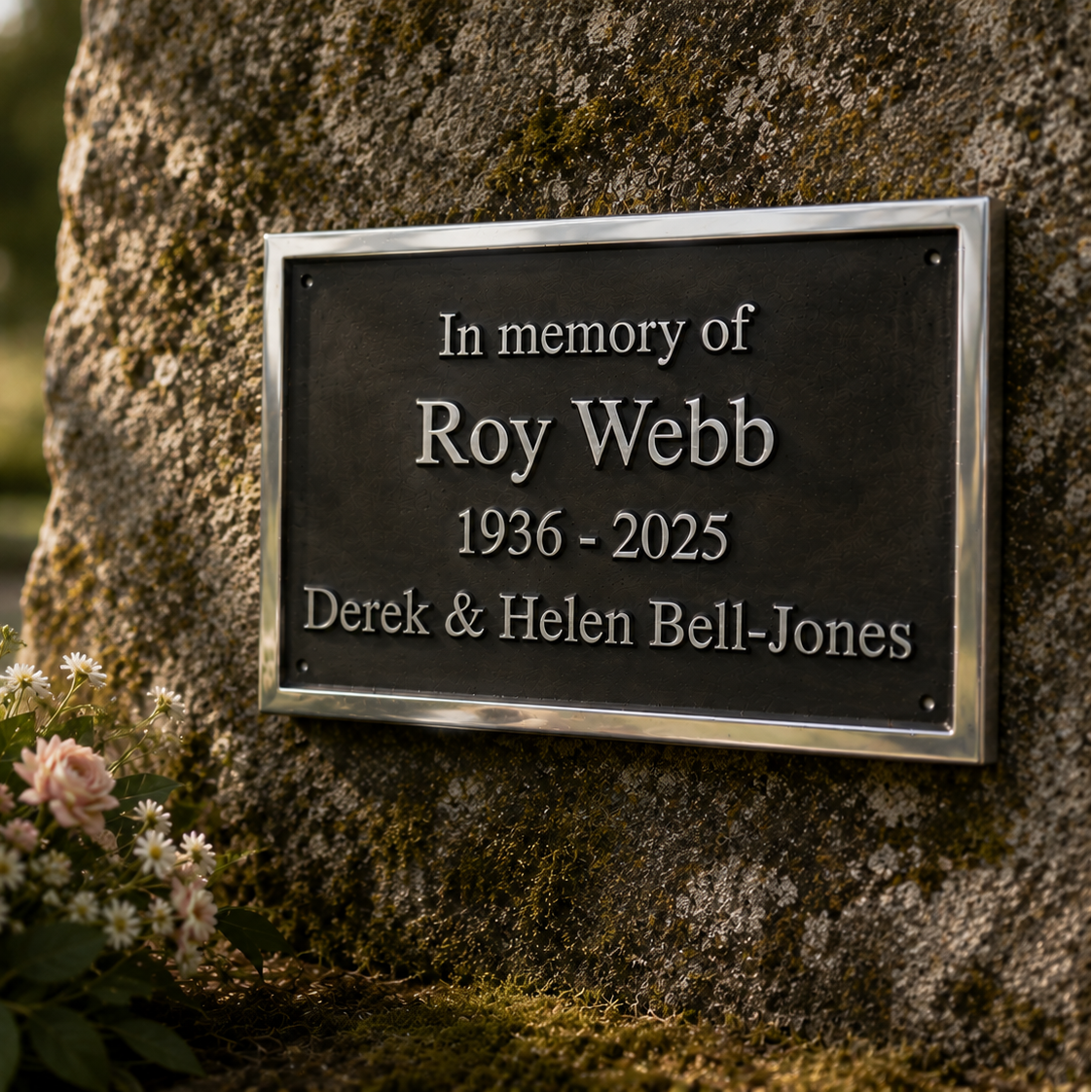 A rectangular memorial plaque mounted on a mossy tree trunk, with flowers at the base. The plaque reads: 'In memory of Roy Webb 1936 - 2025 Derek & Helen Bell-Jones'.