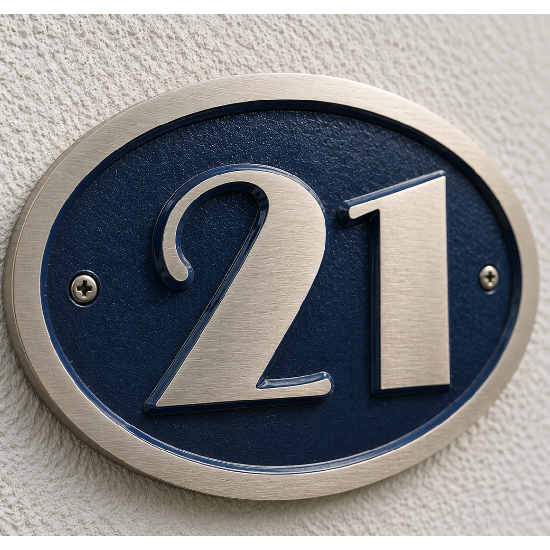 An oval house number plaque featuring the number 21 in brushed silver metal over a dark blue background, mounted on a textured off-white stucco wall.