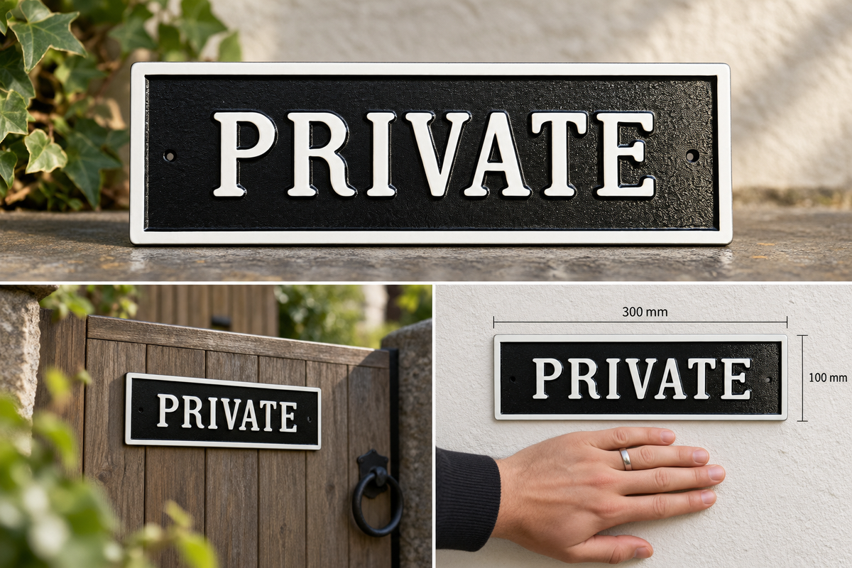 A rectangular black and white 'PRIVATE' gate sign shown in multiple views: a clean top-down product shot, mounted on a wooden gate outdoors, and a hand pressing it against a wall to show scale. The sign has a textured black background with white lettering and a white border.