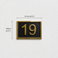 Gold and black house number plaque showing the number 19, with dimension lines indicating a height of 140mm (5.51") and a width of 211mm (8.