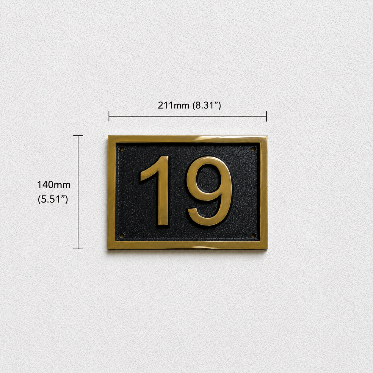 Gold and black house number plaque showing the number 19, with dimension lines indicating a height of 140mm (5.51") and a width of 211mm (8.