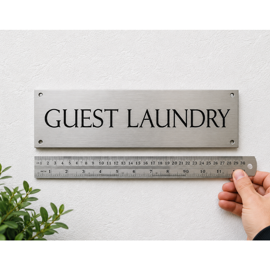 A rectangular brushed-metal guest laundry sign with black lettering is mounted on a white textured wall. A hand holds a metal ruler below the sign to show its size, with a small green plant visible in the lower left corner.