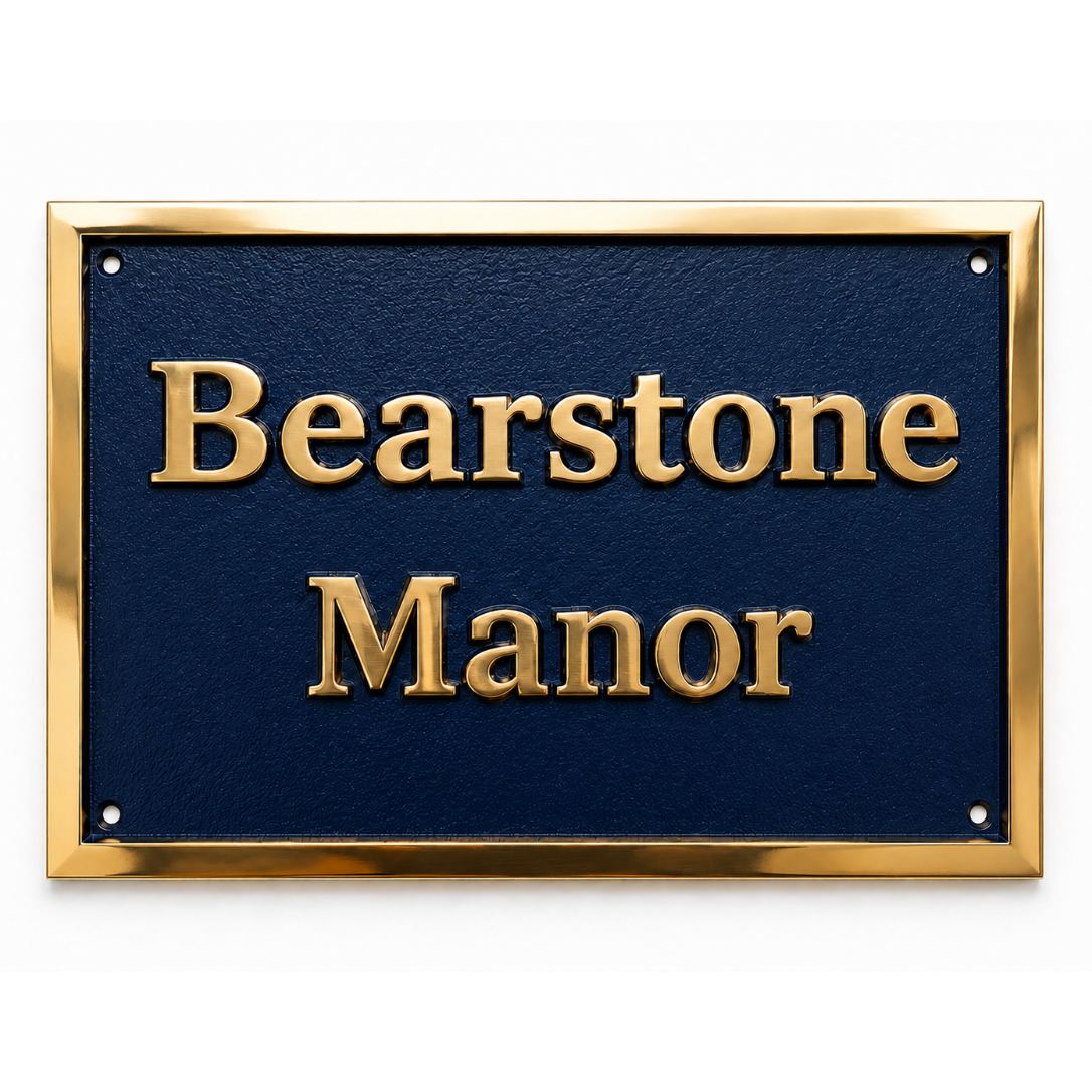 A rectangular decorative plaque with a polished gold border and raised gold lettering reading 'Bearstone Manor' on a dark navy blue textured background, shown on a plain white background.