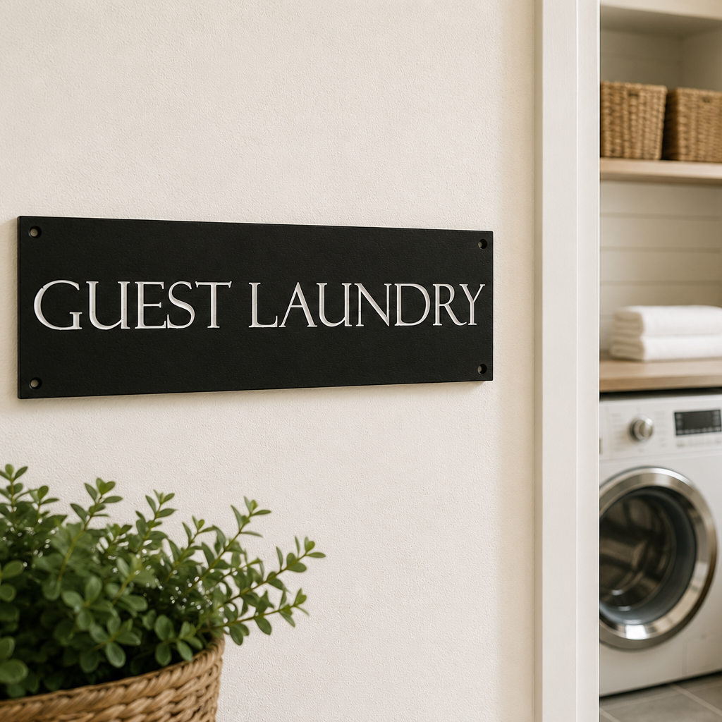 A black rectangular sign with white text reading 'GUEST LAUNDRY' mounted on a beige wall, with an open doorway revealing a laundry room with washing machines, towels, baskets, and plants.