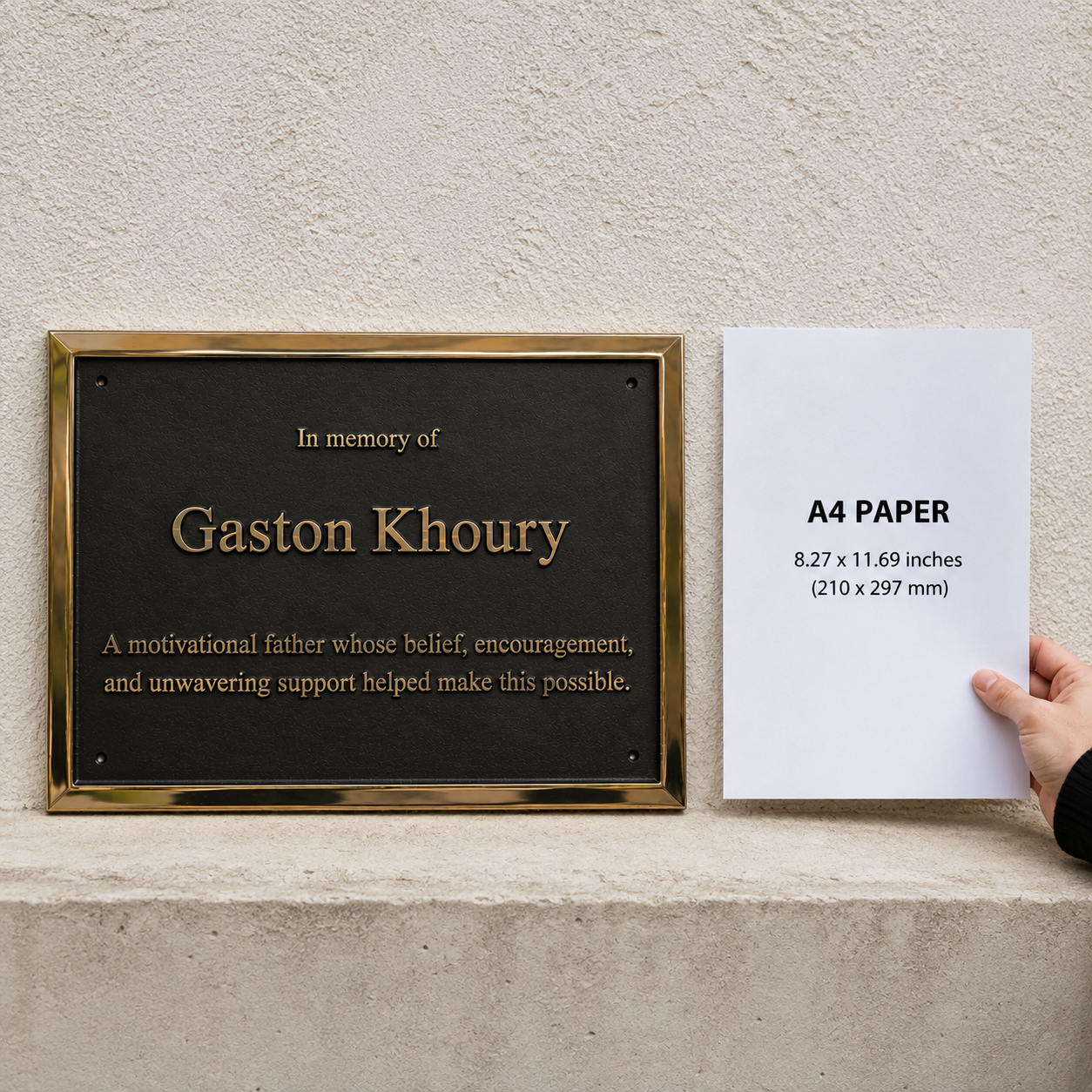 A memorial plaque with a black background and gold border next to a hand holding a sheet of white A4 paper, set against a textured beige wall.