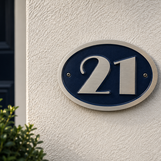 An oval house number plaque reading '21' in raised silver numerals on a dark blue background, mounted on a textured off-white exterior wall next to a dark door and green shrubbery.