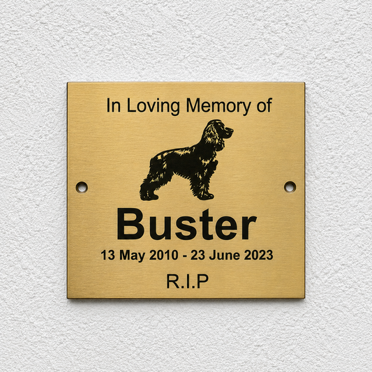 A square brushed gold metal memorial plaque mounted on a textured white wall. The plaque features a black engraved silhouette of a dog and the text 'In Loving Memory of Buster 13 May 2010 - 23 June 2023 R.