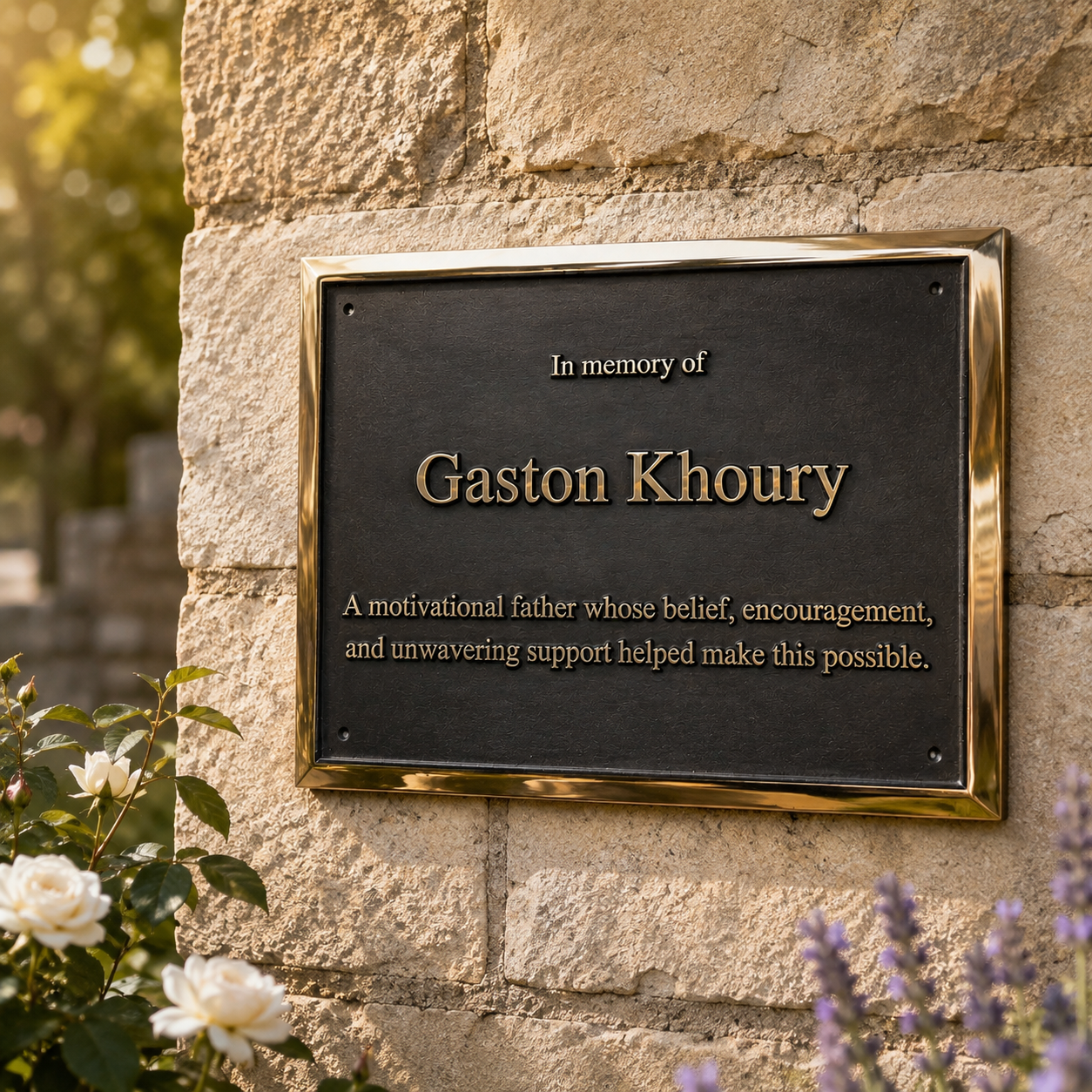 A memorial plaque with a black face and gold border mounted on a beige stone wall, with blurred flowers in the foreground and the text reading 'In memory of Gaston Khoury' and a short tribute.