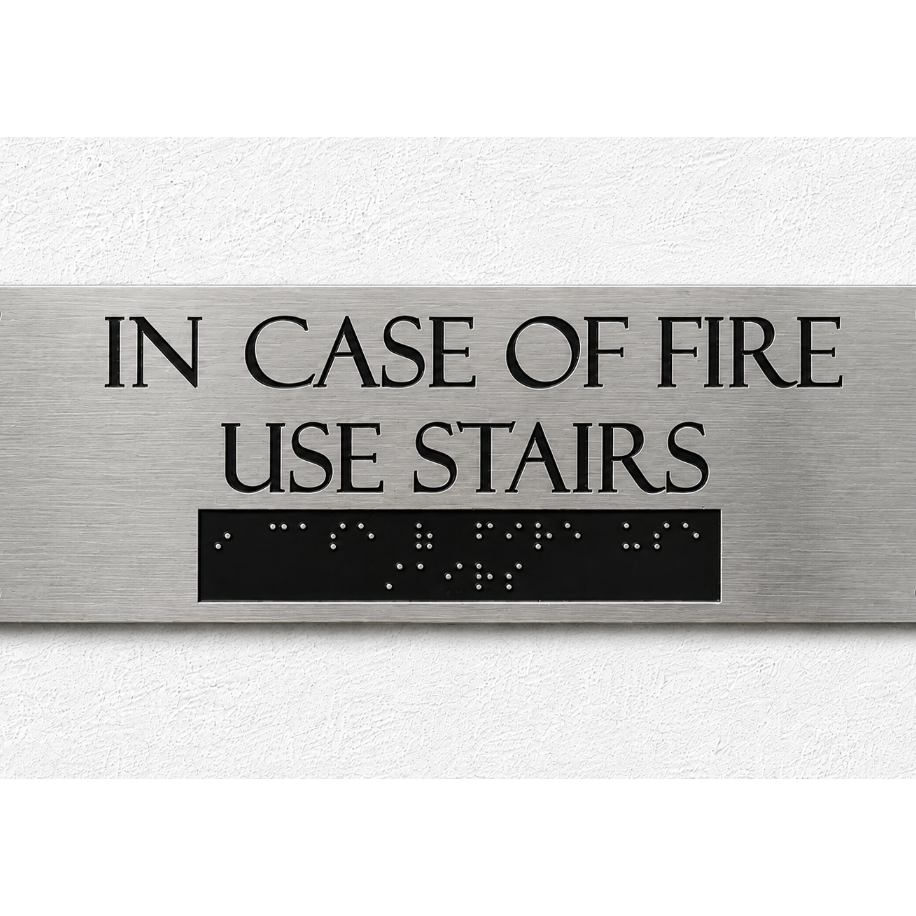 A rectangular brushed-metal emergency exit sign mounted on a textured white wall. The sign features the text 'IN CASE OF FIRE USE STAIRS' in black capital letters above a black rectangular panel containing raised Braille lettering.