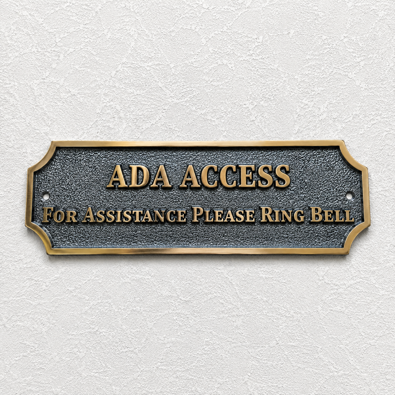 ADA Access sign with gold lettering on a textured dark gray plaque, mounted on a white textured wall.