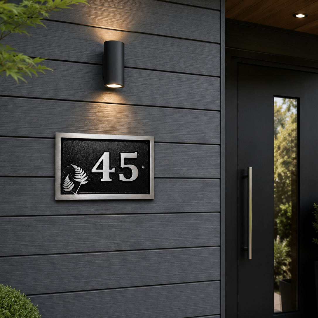 Personalised cast aluminium house number plaque featuring satin-finished number 45 with decorative fern motif and black textured background.