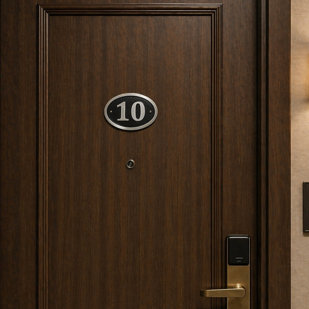 Cast aluminium oval hotel room number sign with raised numbers and black background mounted on wall
