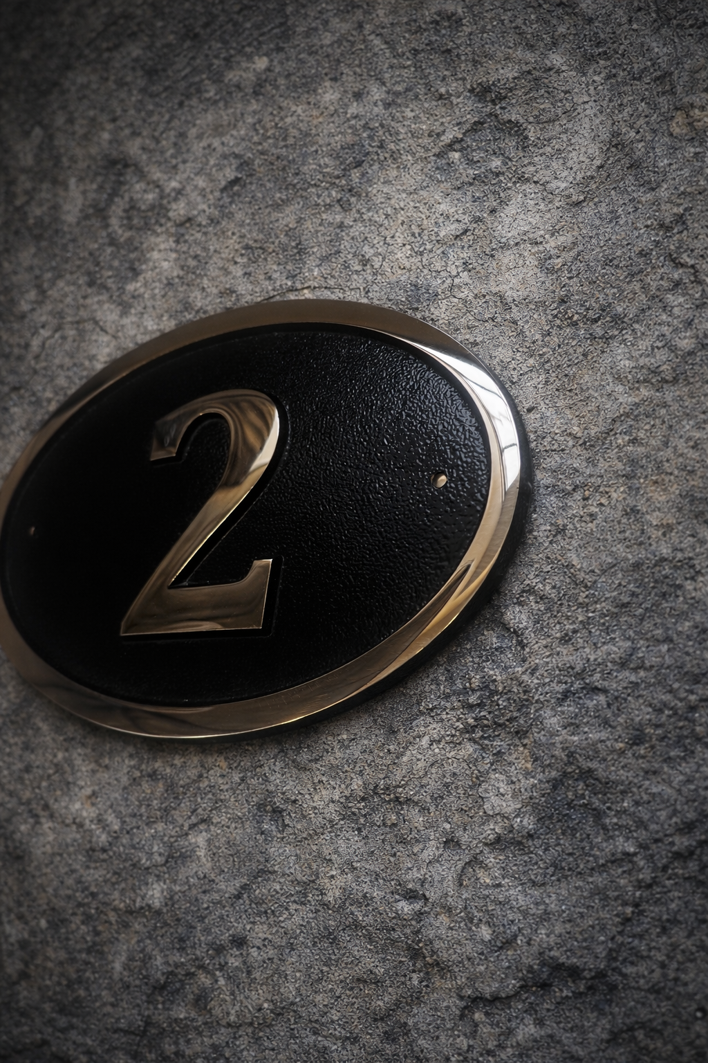 Cast bronze oval house number sign with polished raised numeral and black background
