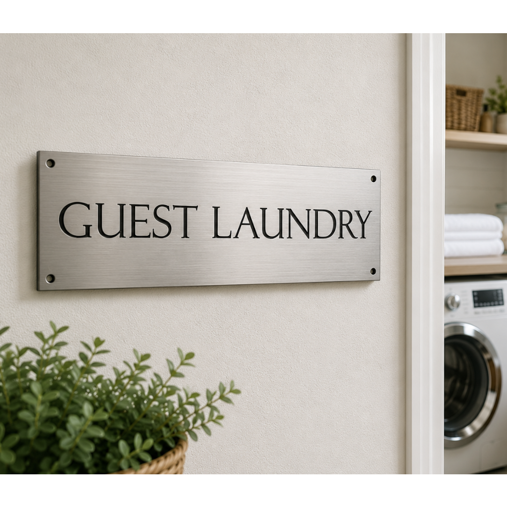A brushed metal sign reading 'GUEST LAUNDRY' mounted on a light beige wall, with a doorway opening to a clean laundry room containing a washing machine and dryer, folded white towels, shelves, and plants.