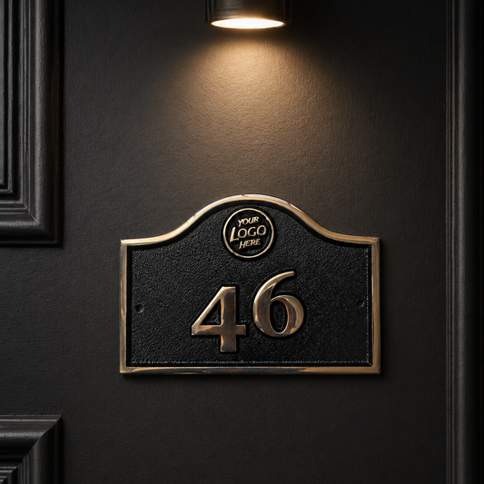 Cast bronze hotel room number sign with custom logo and raised numbers mounted on wall