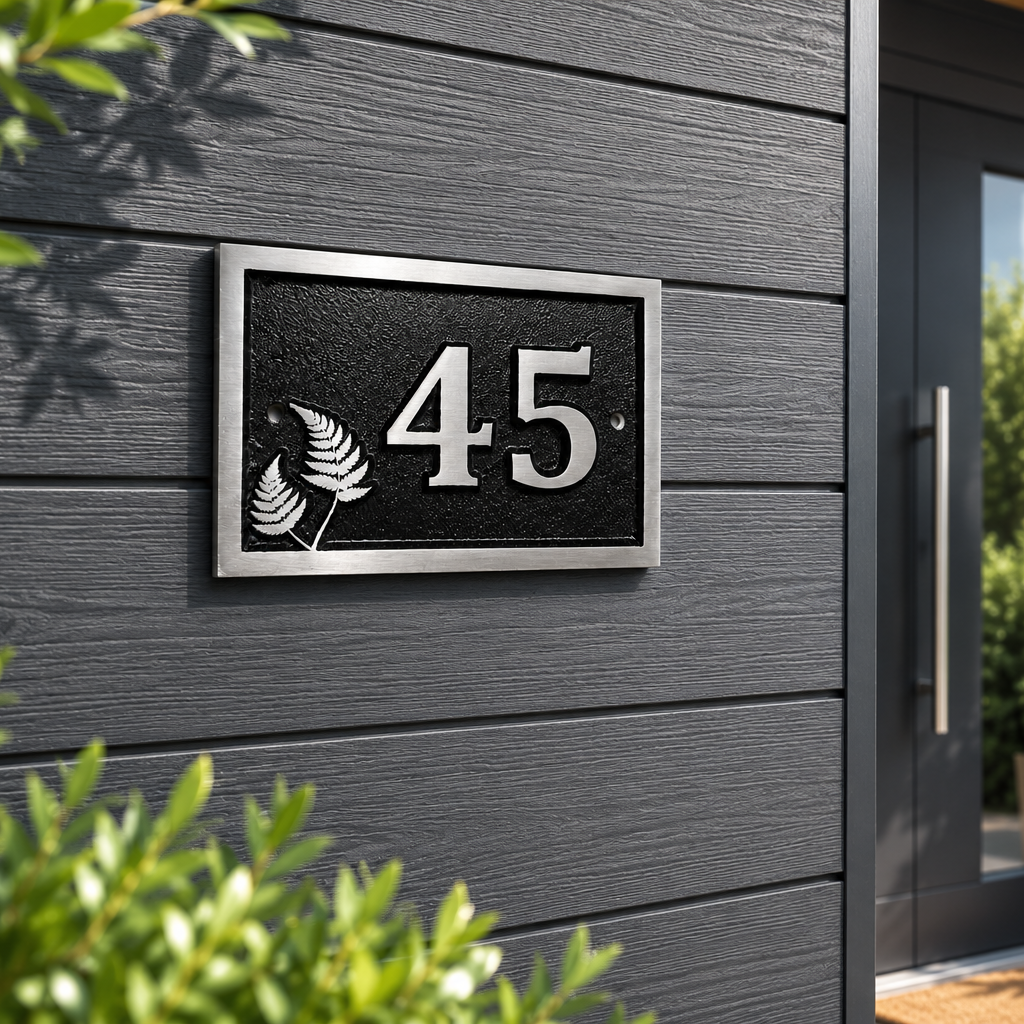 A modern house number plaque displaying '45' with a silver fern leaf motif, mounted on a dark gray wood-paneled exterior wall next to a black front door.