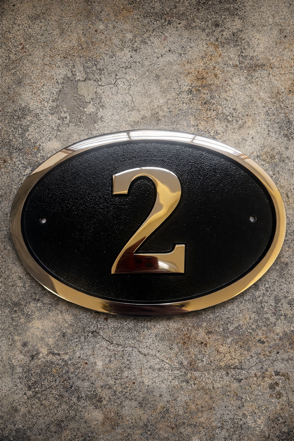 Cast bronze oval house number sign with polished raised numeral and black background
