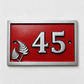 Personalised cast aluminium house number plaque featuring satin-finished number 45 with decorative fern motif and red cast background.