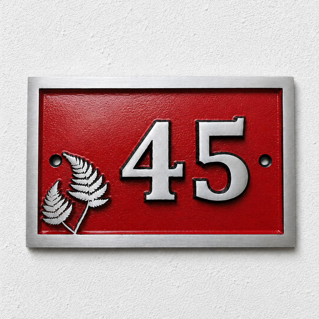 Personalised cast aluminium house number plaque featuring satin-finished number 45 with decorative fern motif and red cast background.