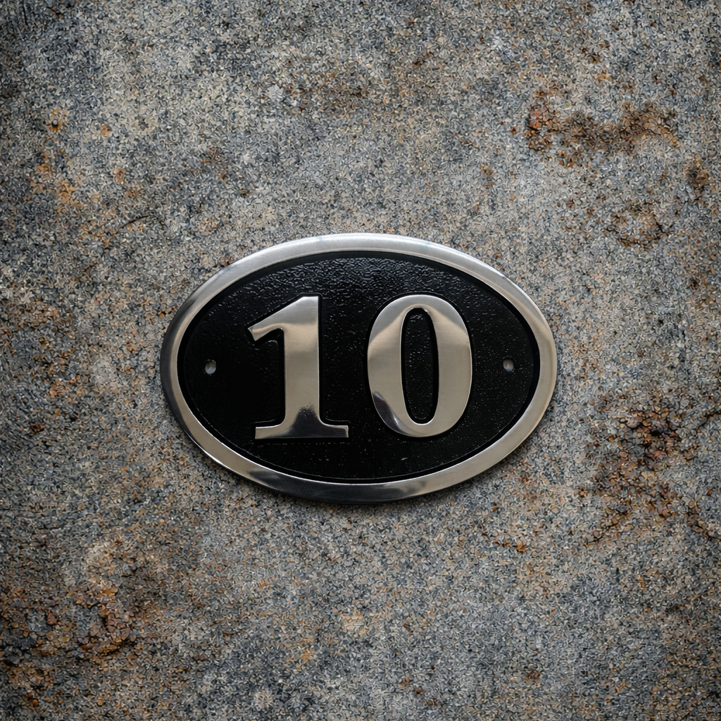 Cast aluminium oval hotel room number sign with raised numbers and black background mounted on wall
