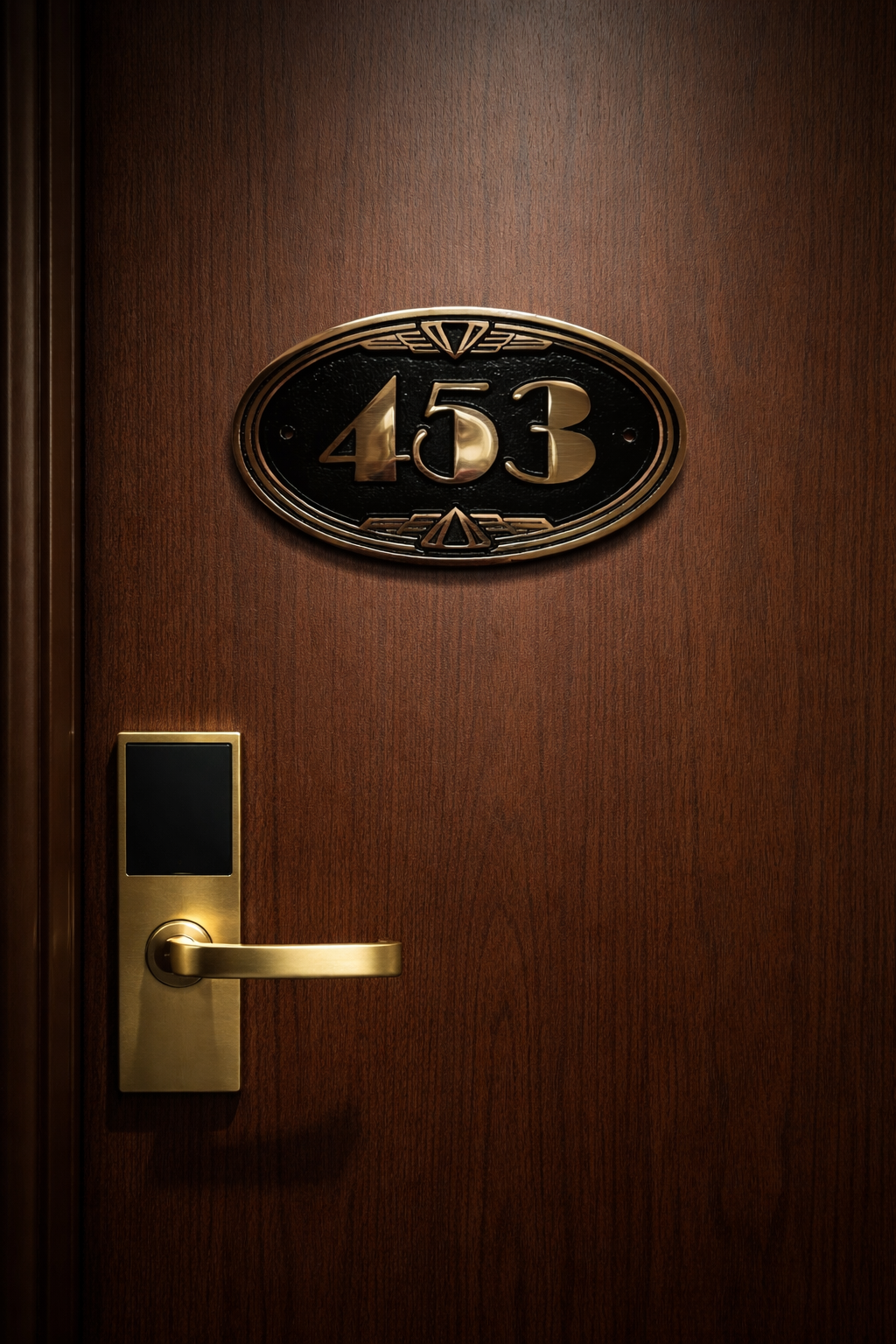 Cast bronze oval house number sign with Art Deco border and raised polished numerals on exterior wall
