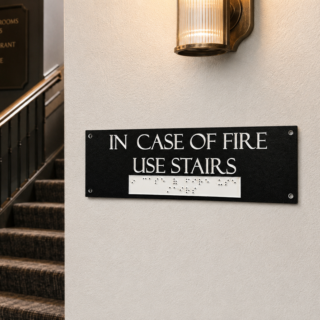 A black rectangular fire safety sign on a beige wall with the text 'IN CASE OF FIRE USE STAIRS' in white, alongside Braille text. To the left is a carpeted staircase with a dark metal railing and a lit wall sconce above.
