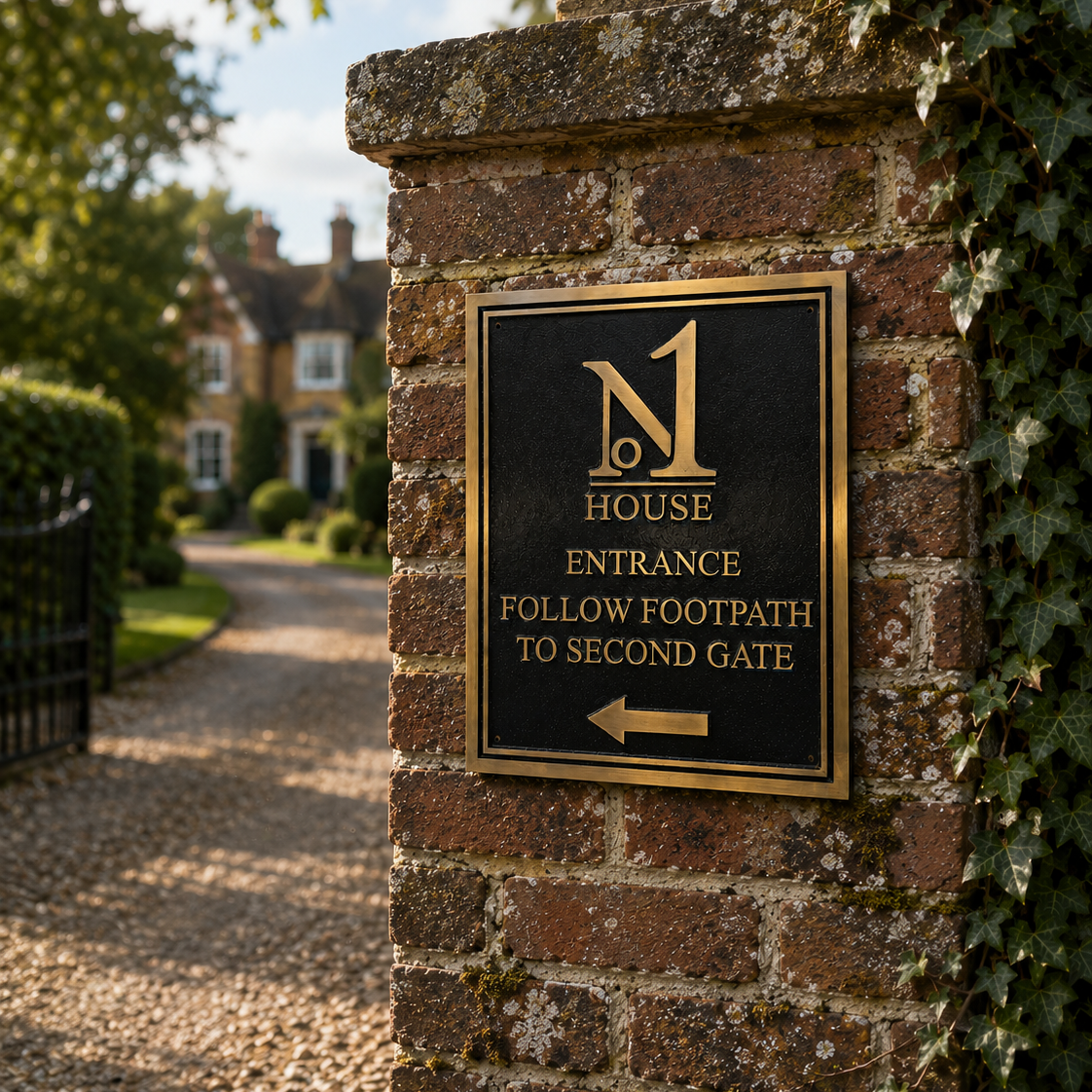 A black metal entrance sign with gold lettering mounted on a weathered brick pillar, reading 'No 1 House Entrance Follow Footpath to Second Gate' with an arrow, set outdoors near a gravel path and greenery.