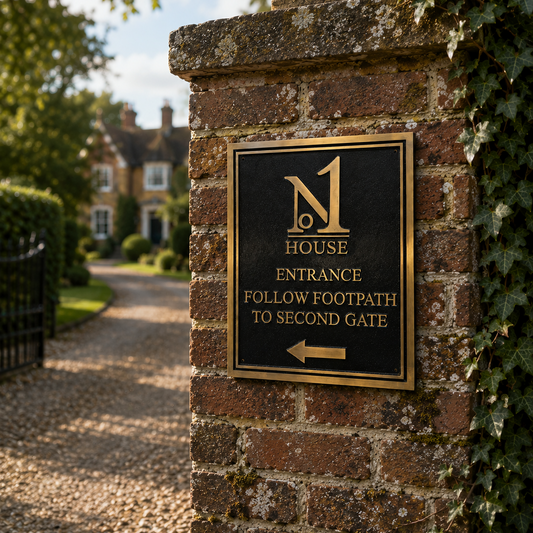 A black metal entrance sign with gold lettering mounted on a weathered brick pillar, reading 'No 1 House Entrance Follow Footpath to Second Gate' with an arrow, set outdoors near a gravel path and greenery.