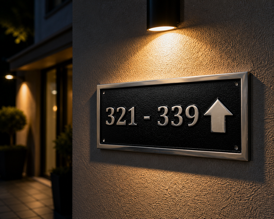 Cast aluminium directional sign with custom text and arrow for hotel or office wayfinding