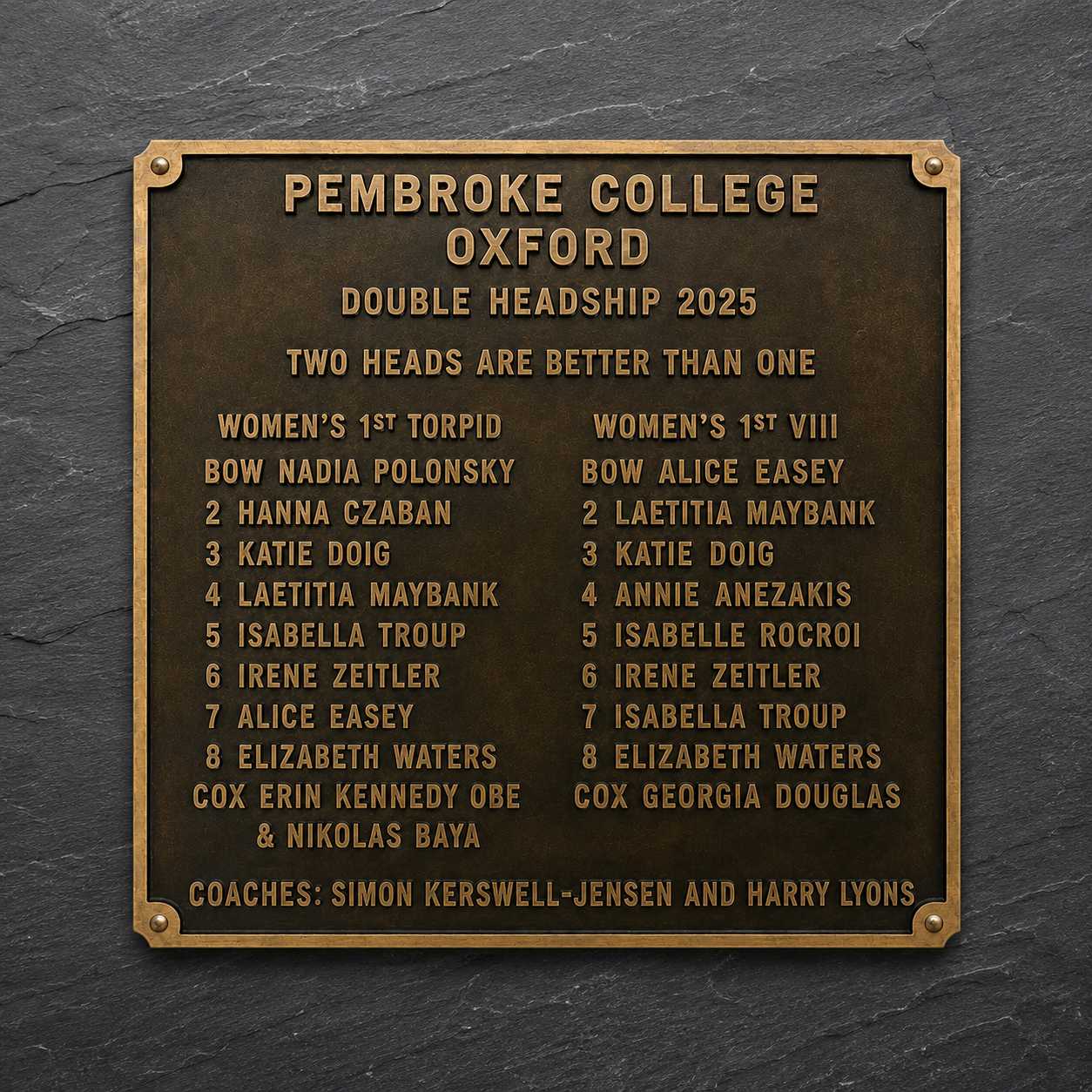 A bronze double headship plaque for Pembroke College Oxford, featuring gold-colored text listing student leaders and coaches for the year 2025, mounted on a dark slate background.