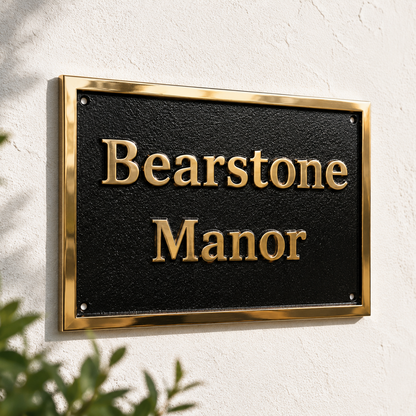 A rectangular black plaque with raised gold lettering reading 'Bearstone Manor' mounted on a white textured wall, with a gold frame and small green leaves in the foreground.
