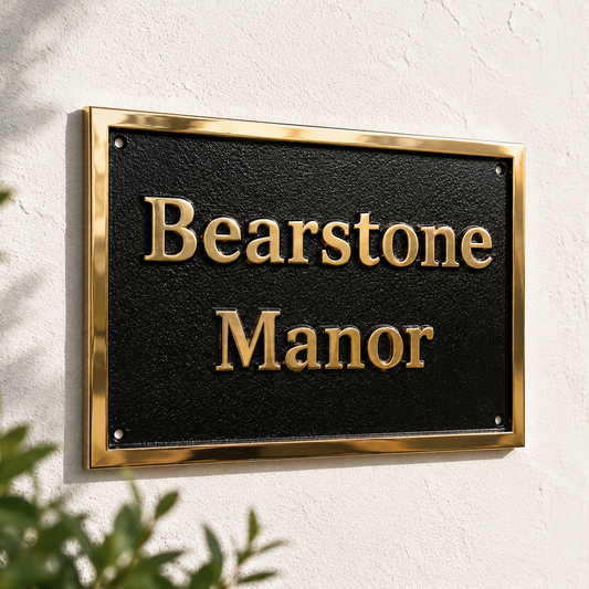 A rectangular black plaque with raised gold lettering reading 'Bearstone Manor' mounted on a white textured wall, with a gold frame and small green leaves in the foreground.