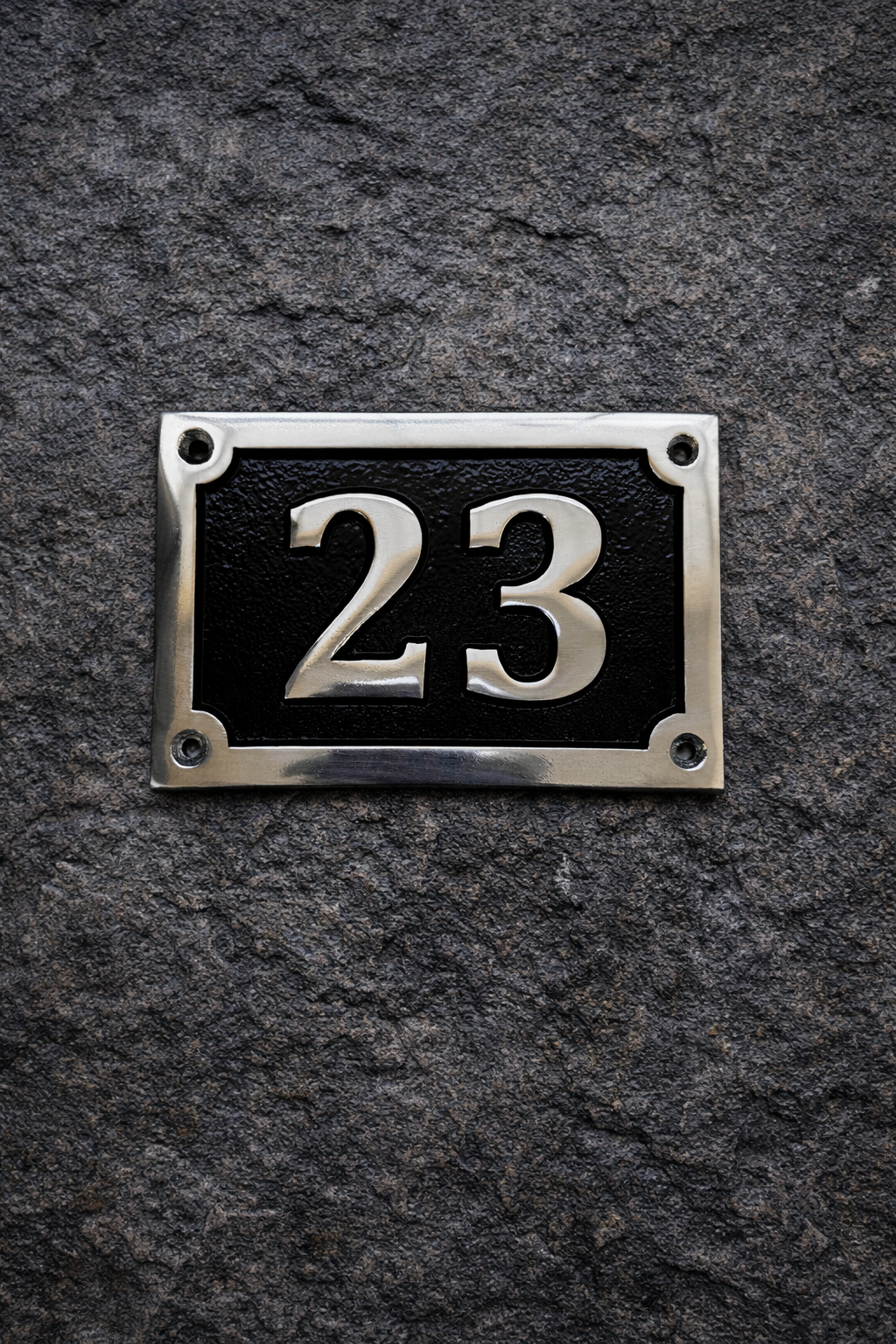 Cast aluminium rectangle house number sign with polished raised numbers and decorative border